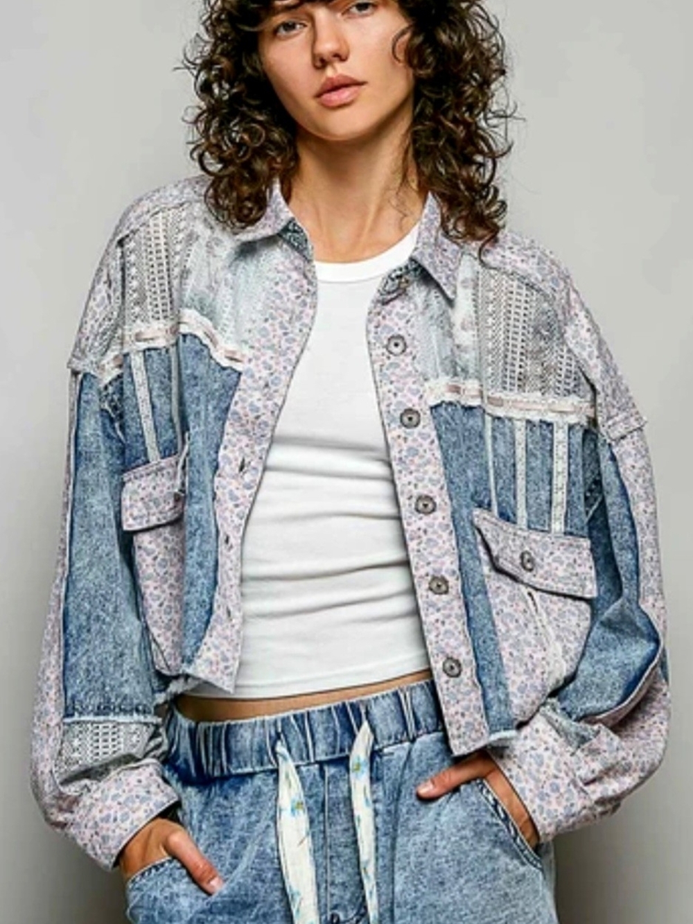 POL Patchwork Denim And Lace Jacket - Light Blue with Pastel Floral